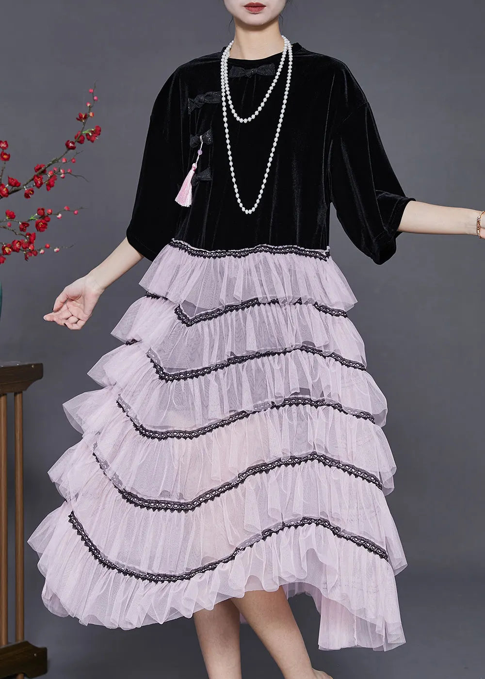 Black Tasseled Patchwork Chinese Button Tulle Dress Summer