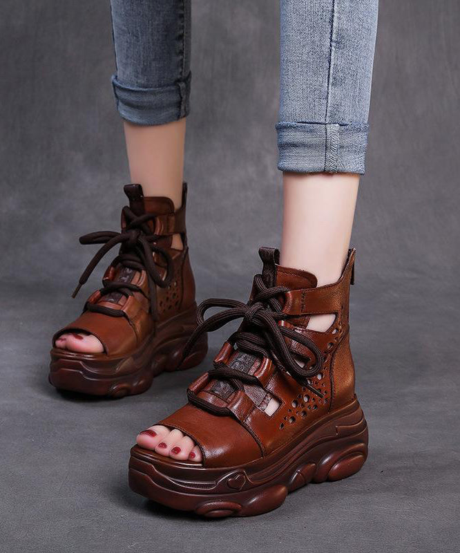 Brown Wedge Faux Leather Lace Up Sandals