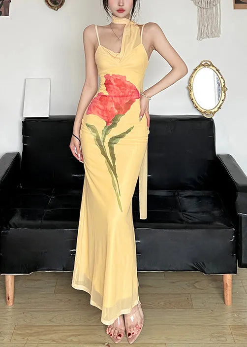Slim Fit Yellow Bow Print Tulle Spaghetti Strap Dress Sleeveless