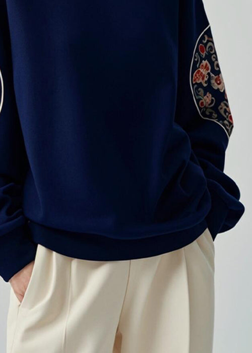 Navy O Neck Print Cotton Pullover Sweatshirts Fall