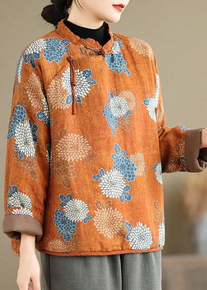 Orange Stand Collar Print Fine Cotton Filled Top Spring