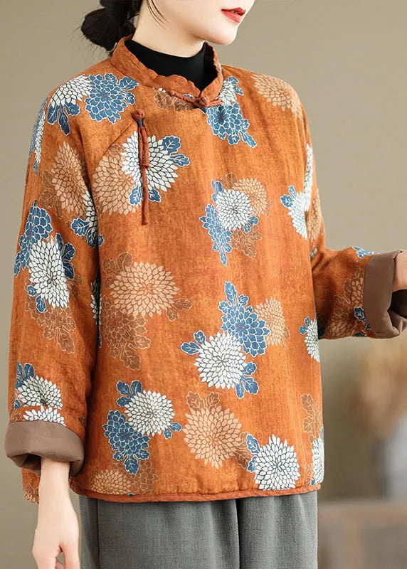 Orange Stand Collar Print Fine Cotton Filled Top Spring