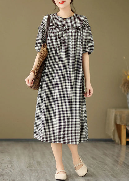 Black O Neck Plaid Ruffled Patchwork Cotton Dress Summer