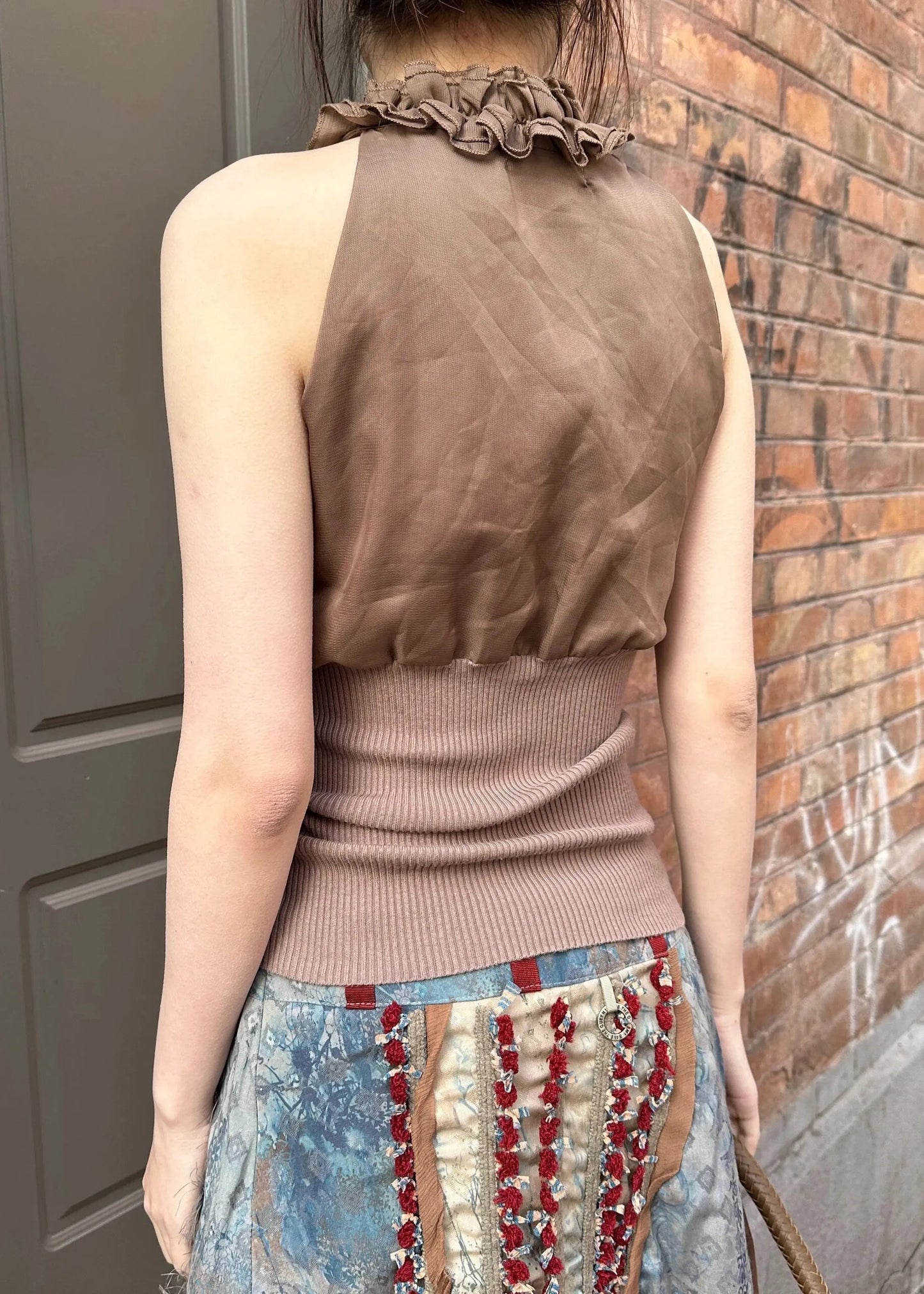 Coffee Ruffled Lace Up Knit Patchwork Tank Sleeveless
