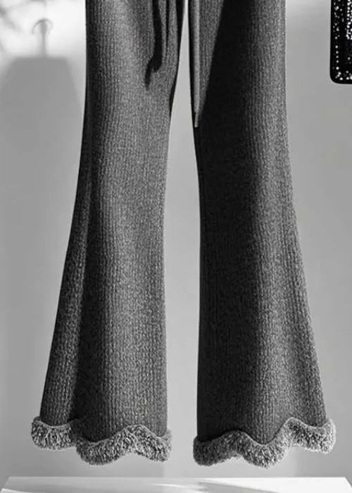 Grey Cozy Elastic Waist Knit Flared Trousers Fall