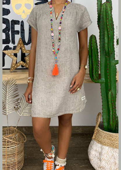 Simple Grey V Neck Loose Cotton Mid Dresses Summer