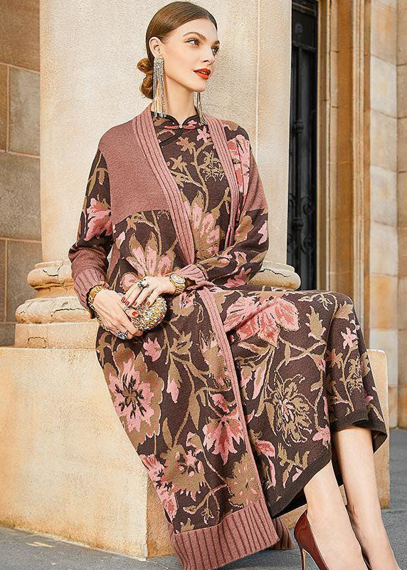 French Khaki Print Original Design Oriental Knit Outer Cape Set Winter