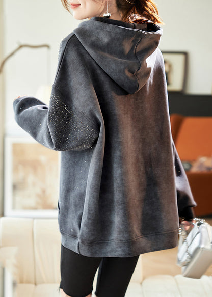 Grey Drawstring Zircon Pockets Hooded Sweatshirts Lantern Sleeve