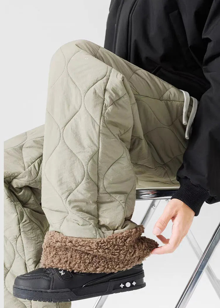 Loose Light Green Original Design Elastic Waist Patchwork Warm Fleece Pants Winter