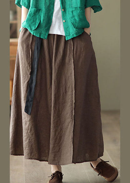 Chocolate Linen a Line Skirt Side Open Pockets Summer