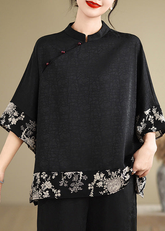 Black Mandarin Collar Patchwork Silk Shirt Summer