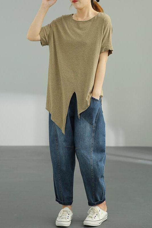 Pure Color O Neck Split Hem T-shirt