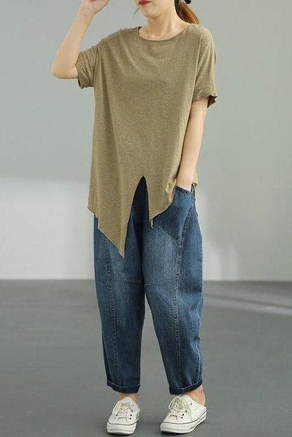 Pure Color O Neck Split Hem T-shirt