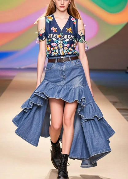 Blue Ruffles Low High Design Denim Holiday Skirts Spring
