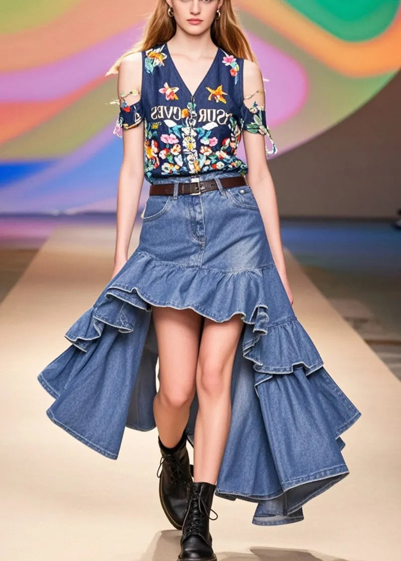 Blue Ruffles Low High Design Denim Holiday Skirts Spring