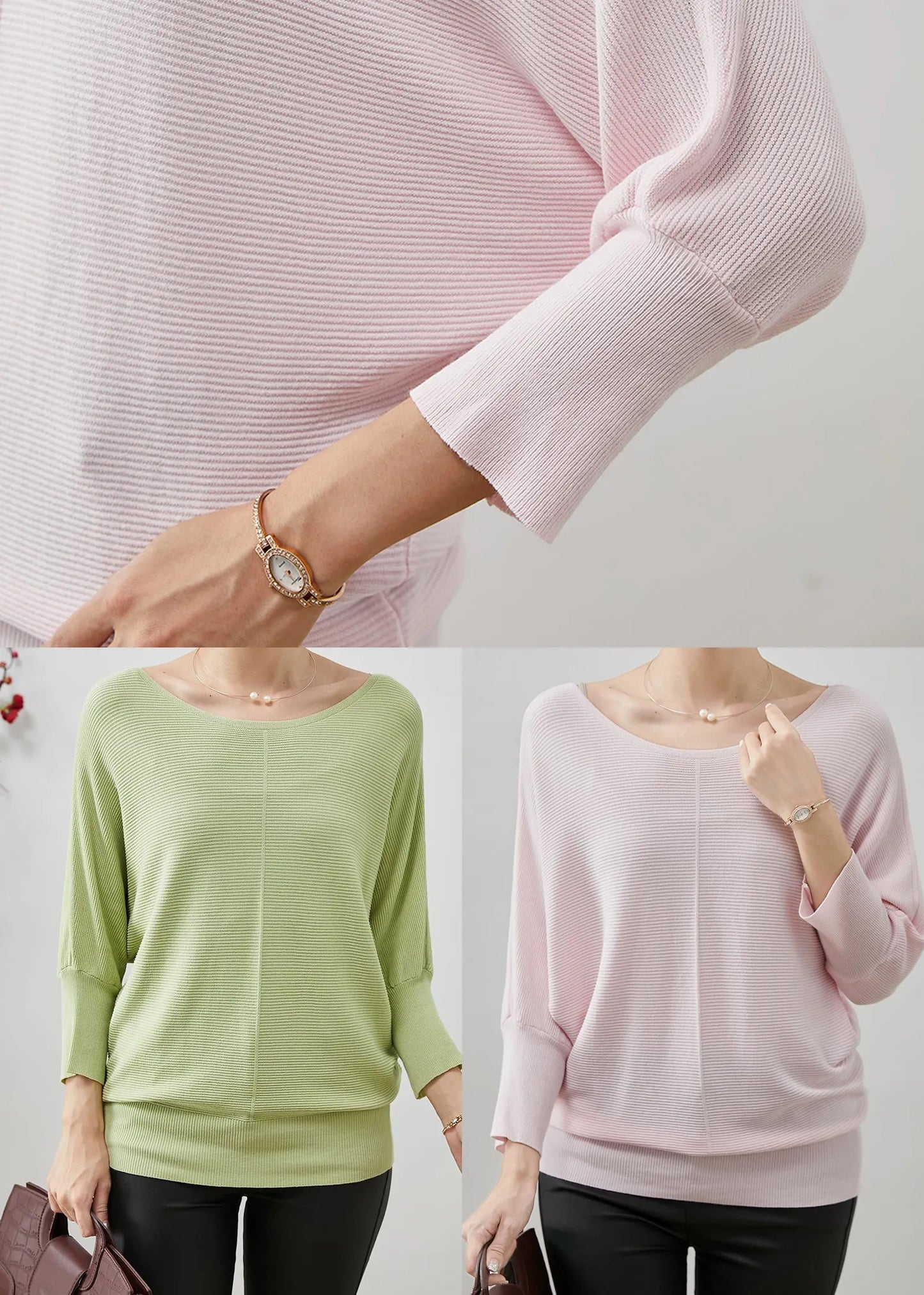 Light Pink Loose Knit Shirt Tops O-neck Batwing Sleeve