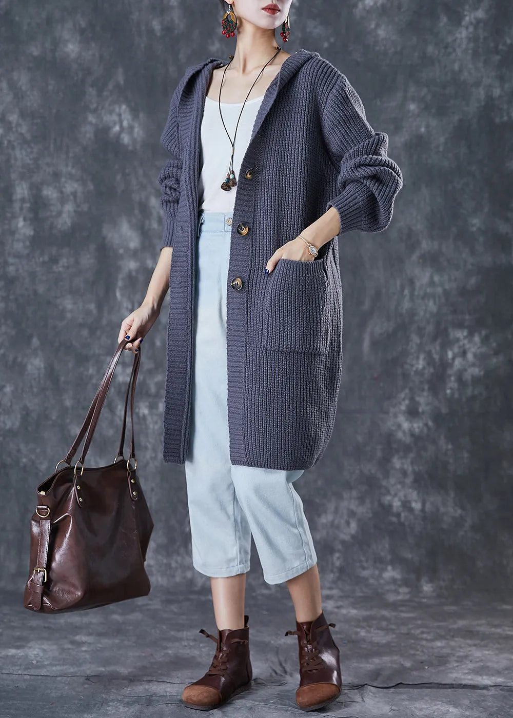 Grey Hooded Oversized Knit Cardigan Fall