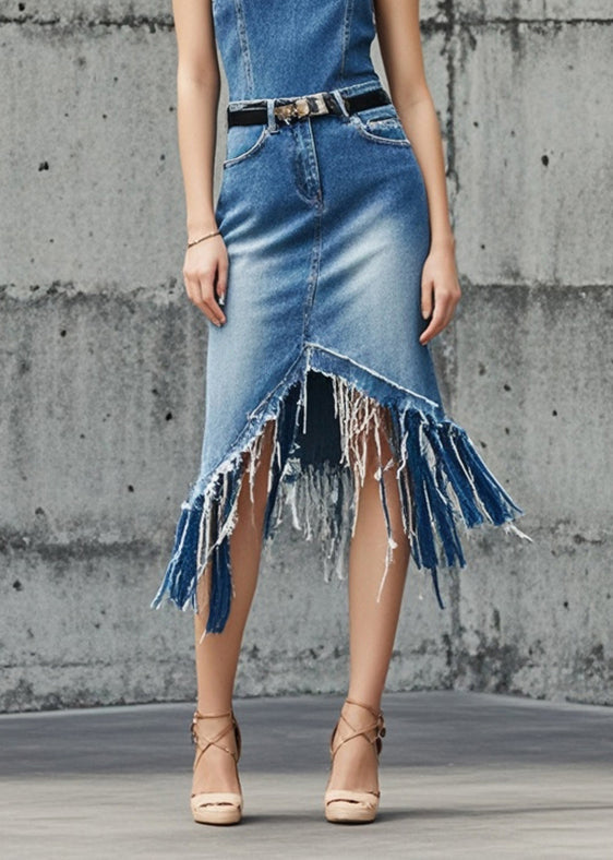 Blue Asymmetrical Tasseled Denim Skirts Summer