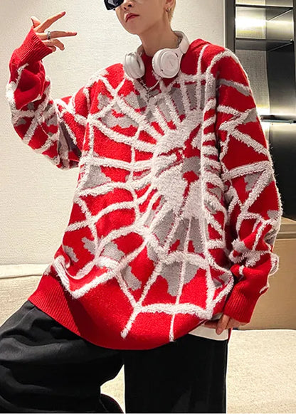 Jacquard Red O Neck Spider Cozy Cotton Knit Sweater Winter