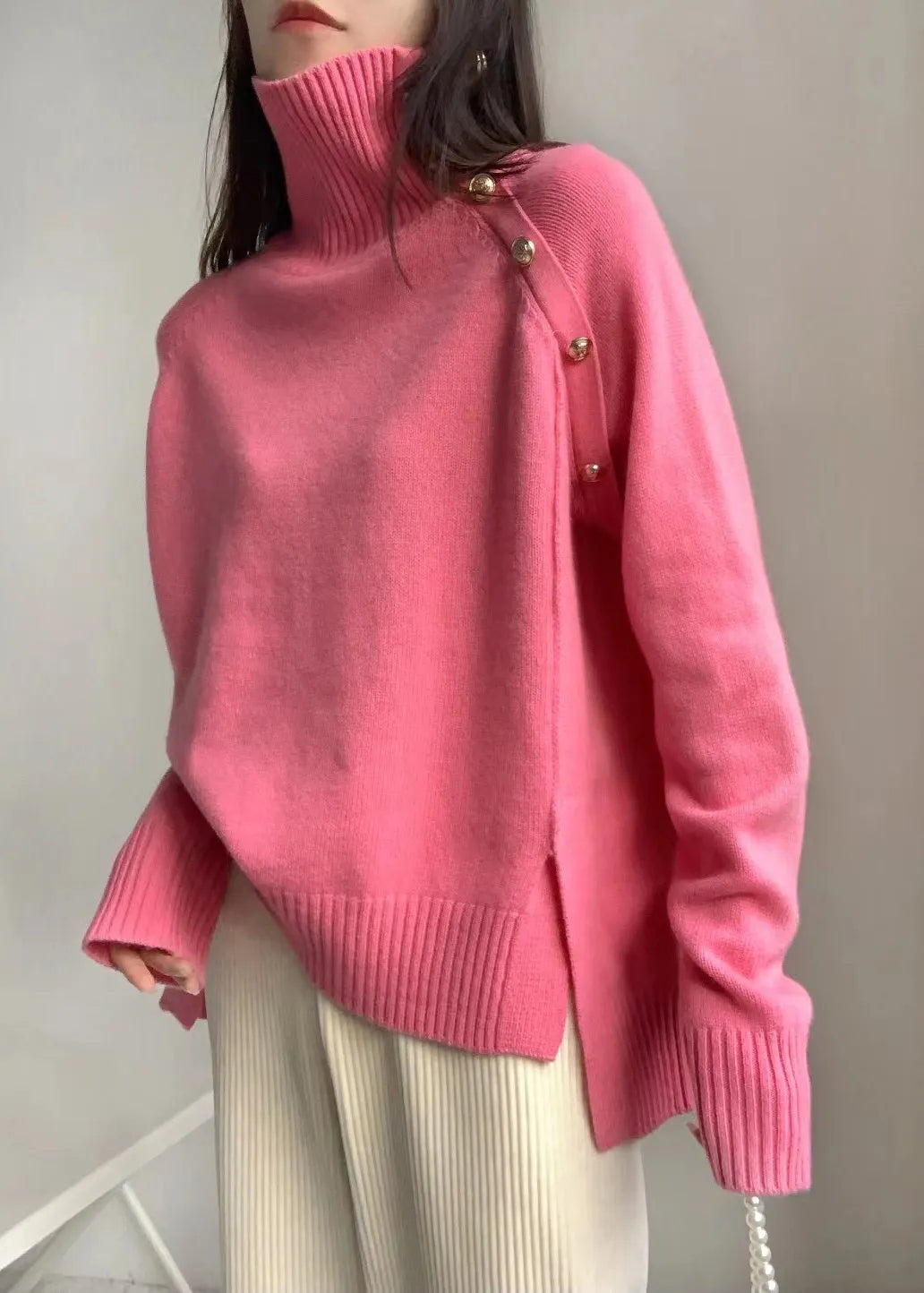 Grey Side Open Low High Design Knit Sweaters Turtleneck Winter