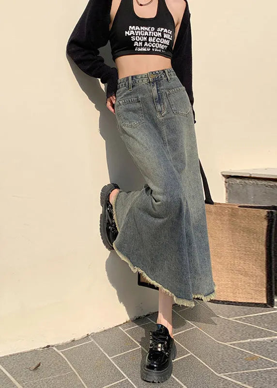 New Blue High Waist Fishtail Denim Skirt
