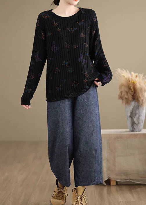 Black O Neck Print Cotton Knit Sweaters Spring