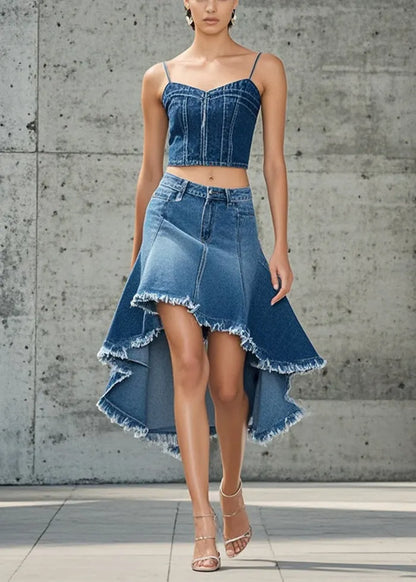 French Blue Low High Design Exra Large Hem Denim Skirts Fall