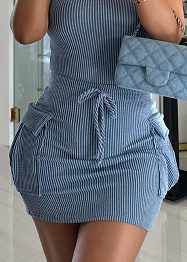 Blue O Neck Pockets Patchwork Cotton Dresses Sleeveless