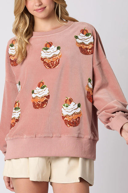 Christmas Pumpkin Pie Sequin Crew Neck Loose Sweatshirt