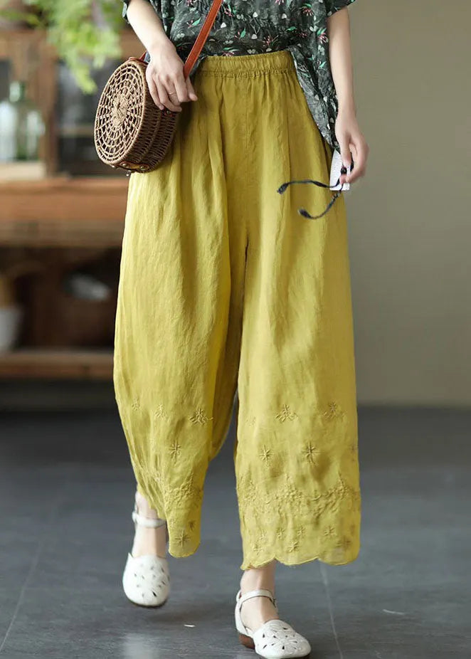 Yellow Elastic Waist Embroidered Linen Crop Pants Summer