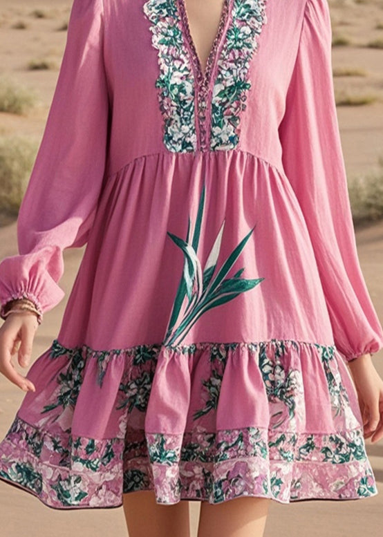 Diy Pink V Neck Print Cotton Work Dress Fall
