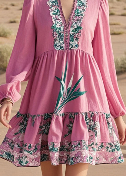 Diy Pink V Neck Print Cotton Work Dress Fall