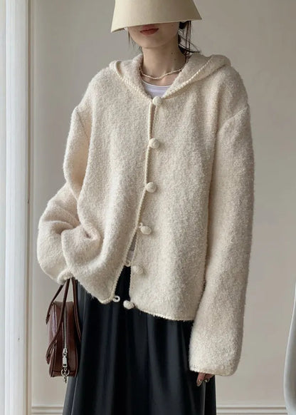 Loose Beige Hooded Button Cotton Knit Coat Winter