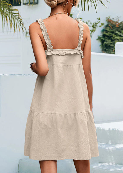 Apricot Ruffled Patchwork Cotton Spaghetti Strap Dresses Sleeveless