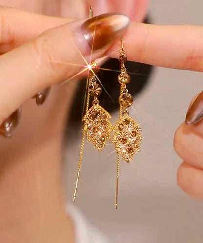 Brown Alloy Zircon Leaves Tassel Drop Earrings
