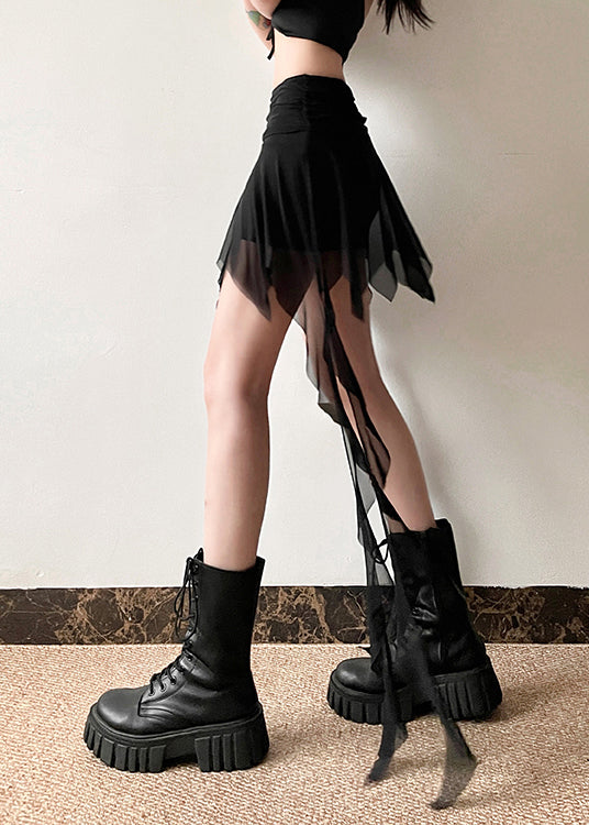 French Tulle Patchwork Ribbon High Waisted Asymmetrical Skirts