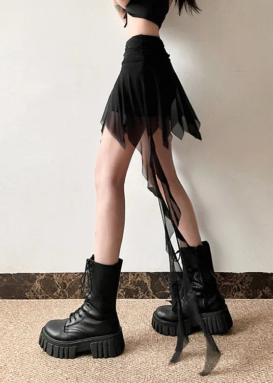 French Tulle Patchwork Ribbon High Waisted Asymmetrical Skirts