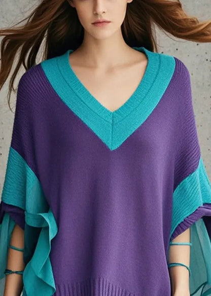 Diy Dull Purple V Neck Patchwork Tulle Sweater Fall