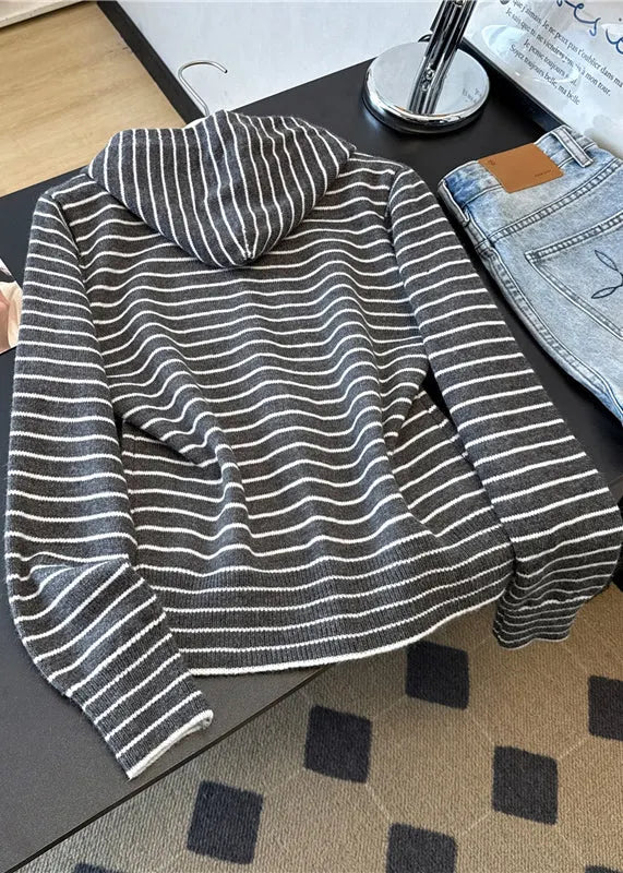 Grey Zip Up Striped Hooded Knit Coats Spring