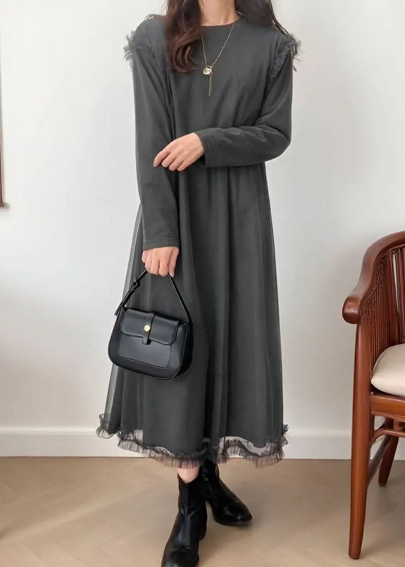 Grey Oversized Patchwork Tulle Robe Dresses Spring