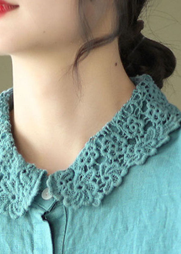 Blue Embroidered Patchwork Linen Blouse Top Long Sleeve