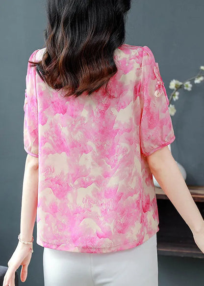 Rose O Neck Print Chiffon Blouses Summer