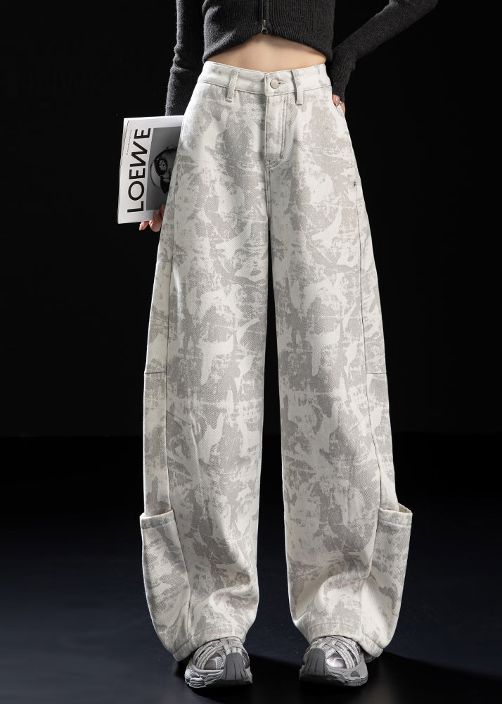 Italian White Tie Dye Patchwork Pockets Warm Fleece Pants Winter
