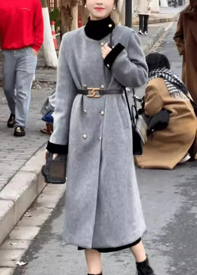 Grey Double Breast Sashes Woolen Long Coats Spring