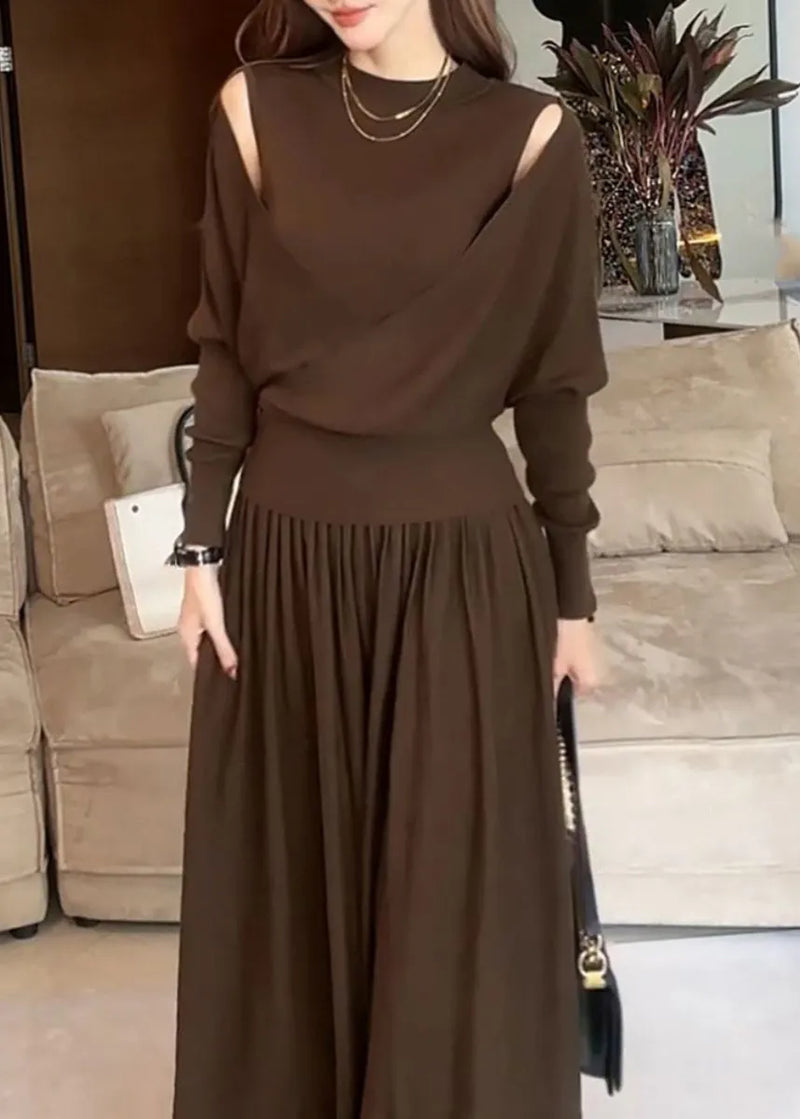 Stylish Brown Asymmetrical Cotton Knit Sweater and Maxi Skirts Two Pieces Set Winter