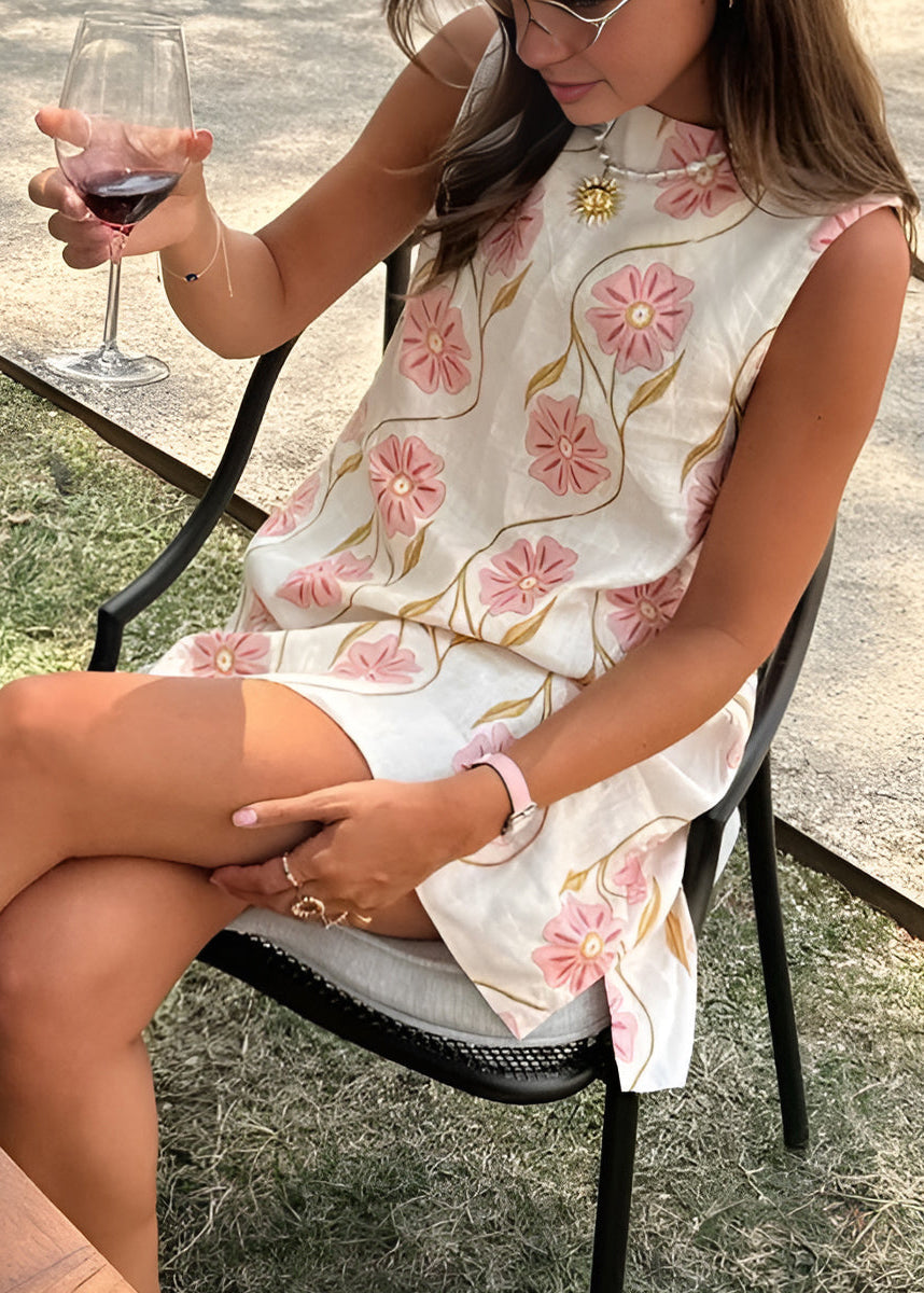 Italian Pink O Neck Print Cotton Mini Dresses Sleeveless