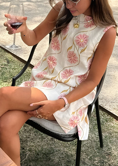 Italian Pink O Neck Print Cotton Mini Dresses Sleeveless