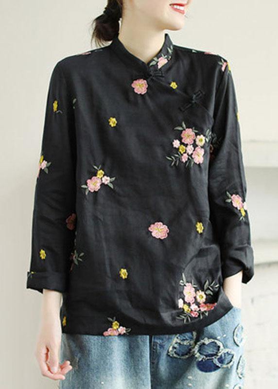 Black Embroidered Stand Collar Button Fall Long Sleeve Shirt