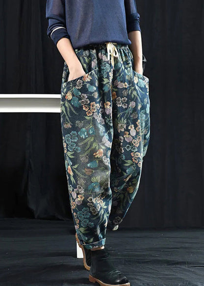 Print Pockets High Waist Denim Crop Pants Spring