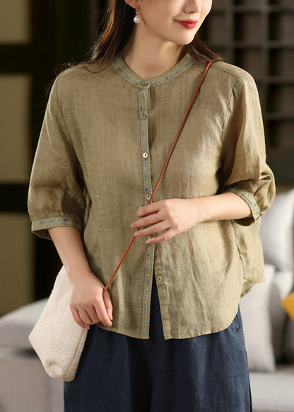 Pink Button Linen Blouse Embroidered Summer